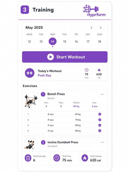 Hyprform daily training — workout calendar, exercises, sets, reps, and coach notes