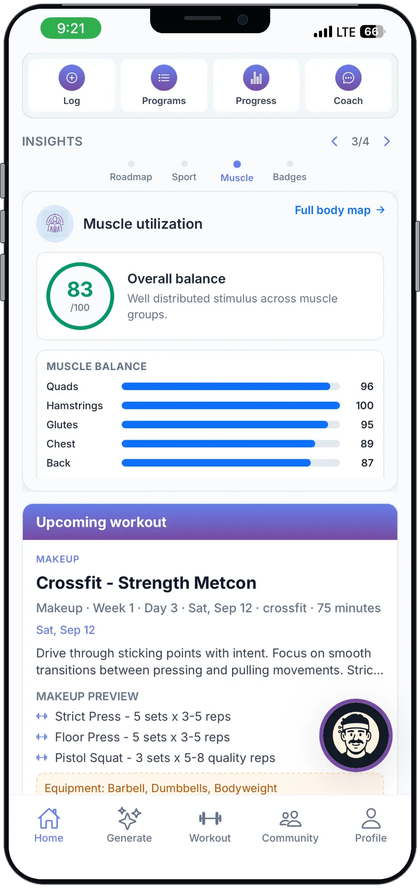 Hyprform home screen showing muscle balance and the upcoming workout