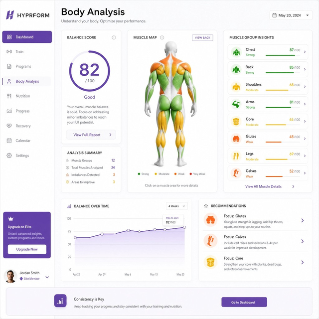 Hyprform Muscle Heatmap AI dashboard showing muscle balance score, heatmap, and muscle group status