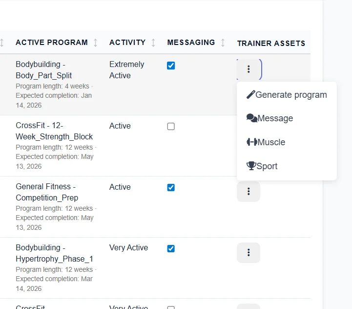 Trainer portal features: athlete management, program generation, and coaching tools