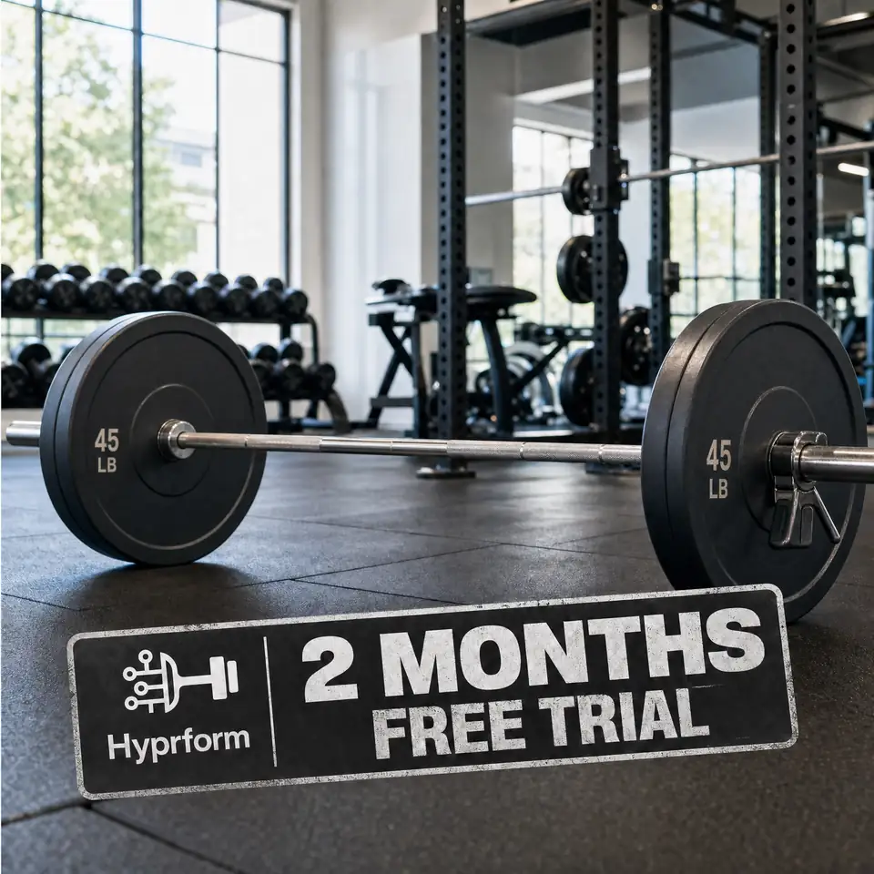 Hyprform two months free trial with barbell in a modern gym